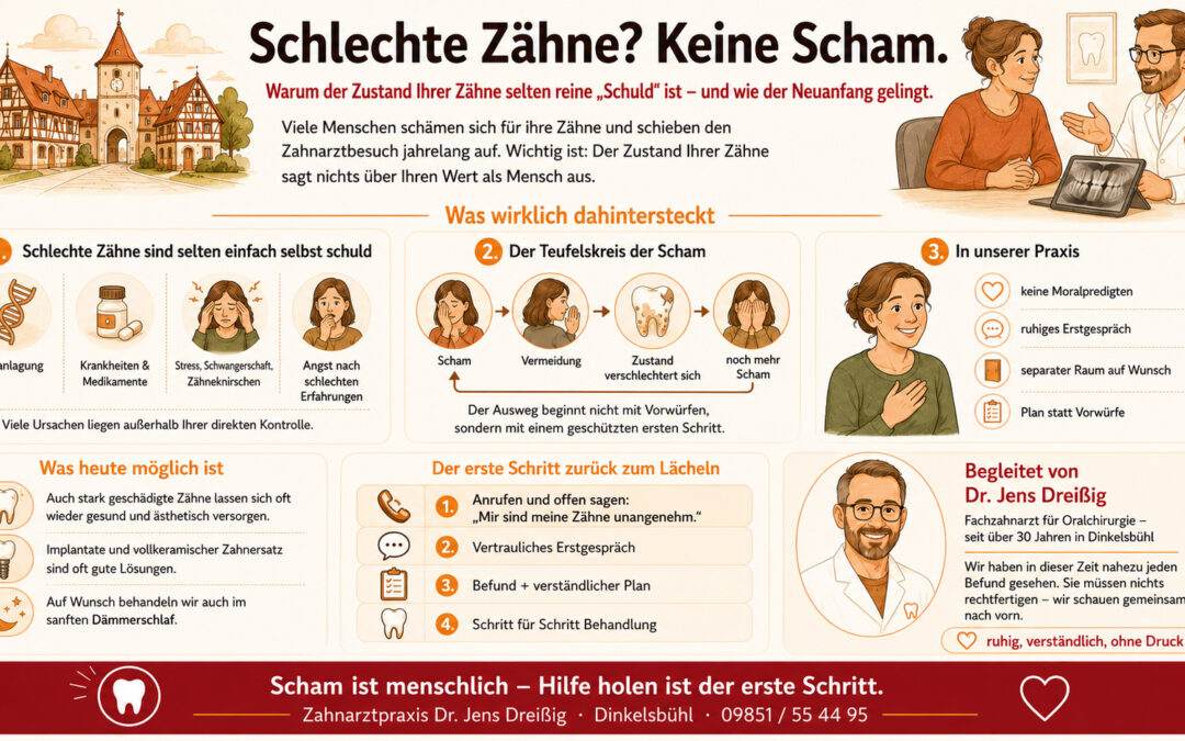 Informationsplakat auf Deutsch zum Thema Zahngesundheit, das dazu beitragen soll, das Schamgefühl wegen schlechter Zähne abzubauen; mit Abbildungen von Zahnärzten und Patienten, Tipps für Zahnarztbesuche sowie den Kontaktdaten der Zahnarztpraxis von Dr. Jens Dreißig.