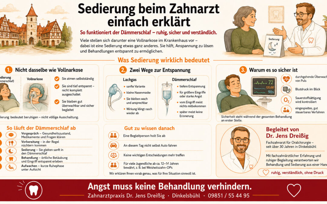 Infografik erklärt die Sedierung beim Zahnarzt: Unterschiede zur Vollnarkose, Ablauf der Dämmerschlaf-Sedierung, Vorteile, zwei Sedierungsmethoden, häufig gestellte Fragen, Zahnarztporträt, Kontaktdaten. Farbenfroh, mit Symbolen, Textabschnitten und Illustrationen.