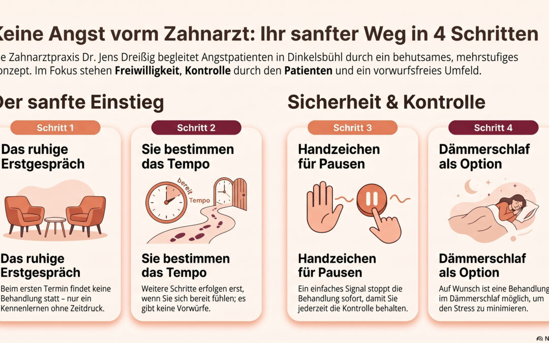 Die Infografik zeigt vier Schritte gegen Zahnarztangst: ein ruhiges Erstgespräch, ein individuelles Tempo, Handzeichen für Pausen und Dämmerschlaf während des Termins. Der Fokus liegt auf Sicherheit, Kontrolle und einer vertrauensvollen Umgebung.