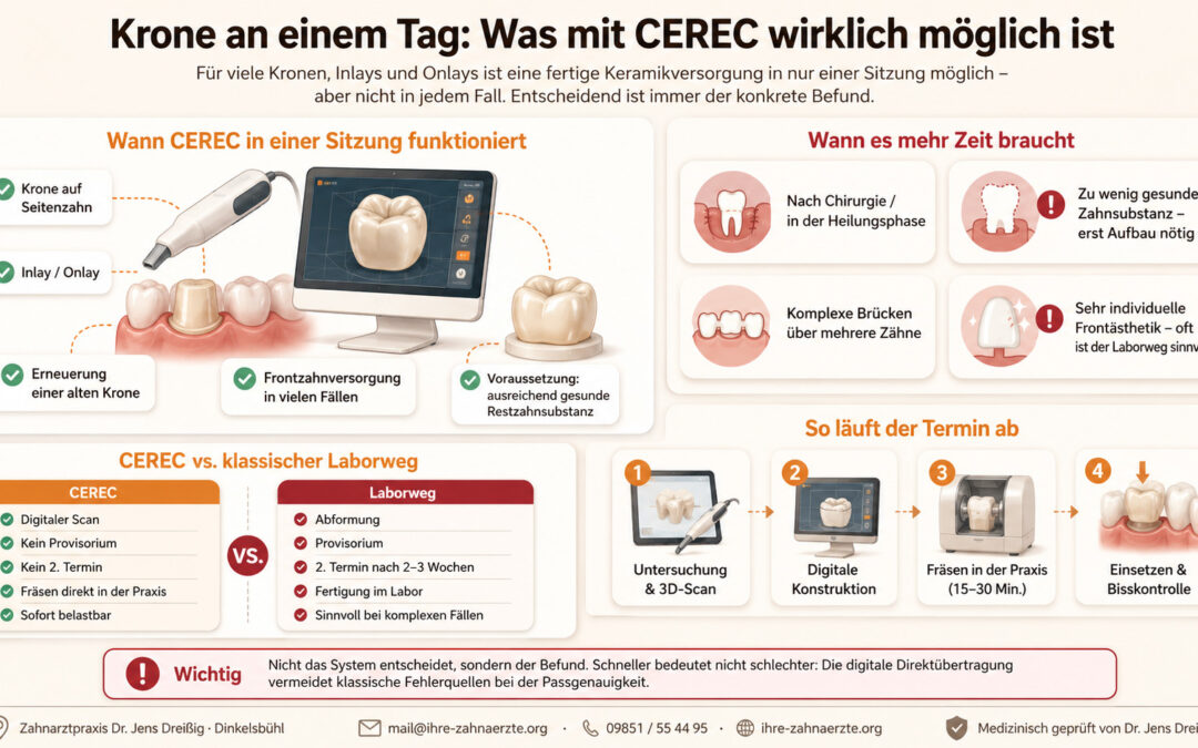 Die Infografik zeigt, wie der CEREC-Zahnersatz in einer Sitzung funktioniert, vergleicht das herkömmliche Laborverfahren und erläutert den Ablauf des Termins. Farbige Markierungen und Symbole verdeutlichen die Vorteile der schnellen Behandlung mit CEREC.