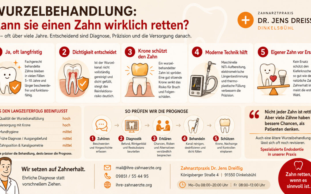 Infografik zur Wurzelbehandlung: Ablauf, langfristige Erfolgsaussichten, Faktoren für den Zahnerhalt, Kontrolltermine und Kontaktdaten einer Zahnarztpraxis, illustriert mit Symbolen und kurzen Texten.