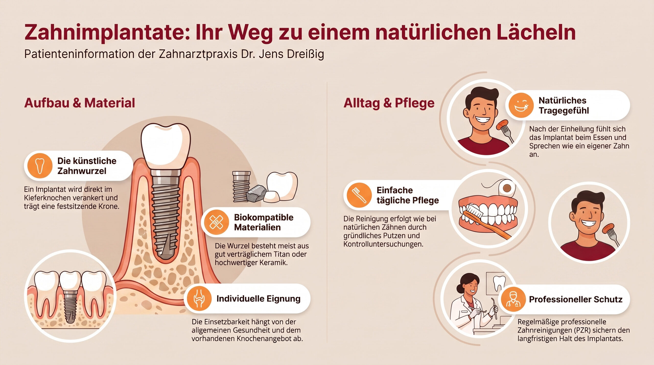 Das Diagramm erklärt Zahnimplantate und zeigt den Aufbau des Implantats im Zahnfleisch, die verwendeten Materialien sowie Tipps zur täglichen Pflege. Die Abbildungen zeigen einen Zahn, zahnärztliche Instrumente und Menschen beim Zähneputzen. Der Text ist auf Deutsch verfasst und hebt die Vorteile von Implantaten sowie deren Pflege hervor.