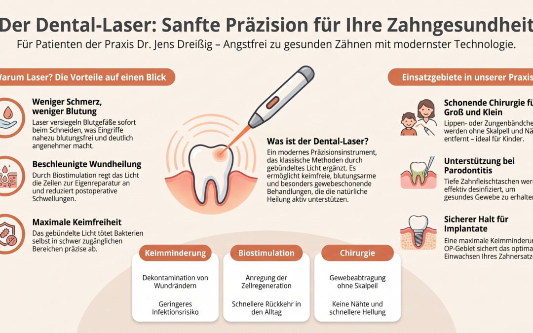 Infografik zum Dental-Laser: Vorteile, Anwendungsbereiche und Wirkungsweisen. Enthält Symbole, kurze Texte und eine große Abbildung eines Zahns, auf den ein Laser gerichtet ist. Orangefarbene Akzente heben wichtige Informationen hervor.