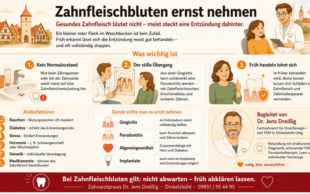 Infografik zum Thema Zahnfleischbluten, dessen Ursachen, Symptome, Tipps zur Vorbeugung und Risikofaktoren, mit Abbildungen von Zähnen, Ärzten und Patienten. Es wird betont, dass bei Auftreten von Symptomen ein Zahnarzt aufgesucht werden sollte.