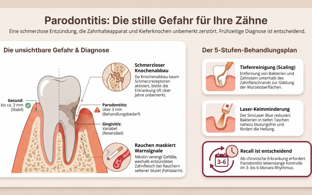 Infografik auf Deutsch zum Thema Parodontitis. Zeigt einen gesunden Zahn im Vergleich zu einem entzündeten Zahn, hebt Risiken hervor und stellt einen 5-stufigen Behandlungsplan vor, wobei Symbole und Text die einzelnen Phasen sowie die Bedeutung einer frühzeitigen Diagnose erläutern.