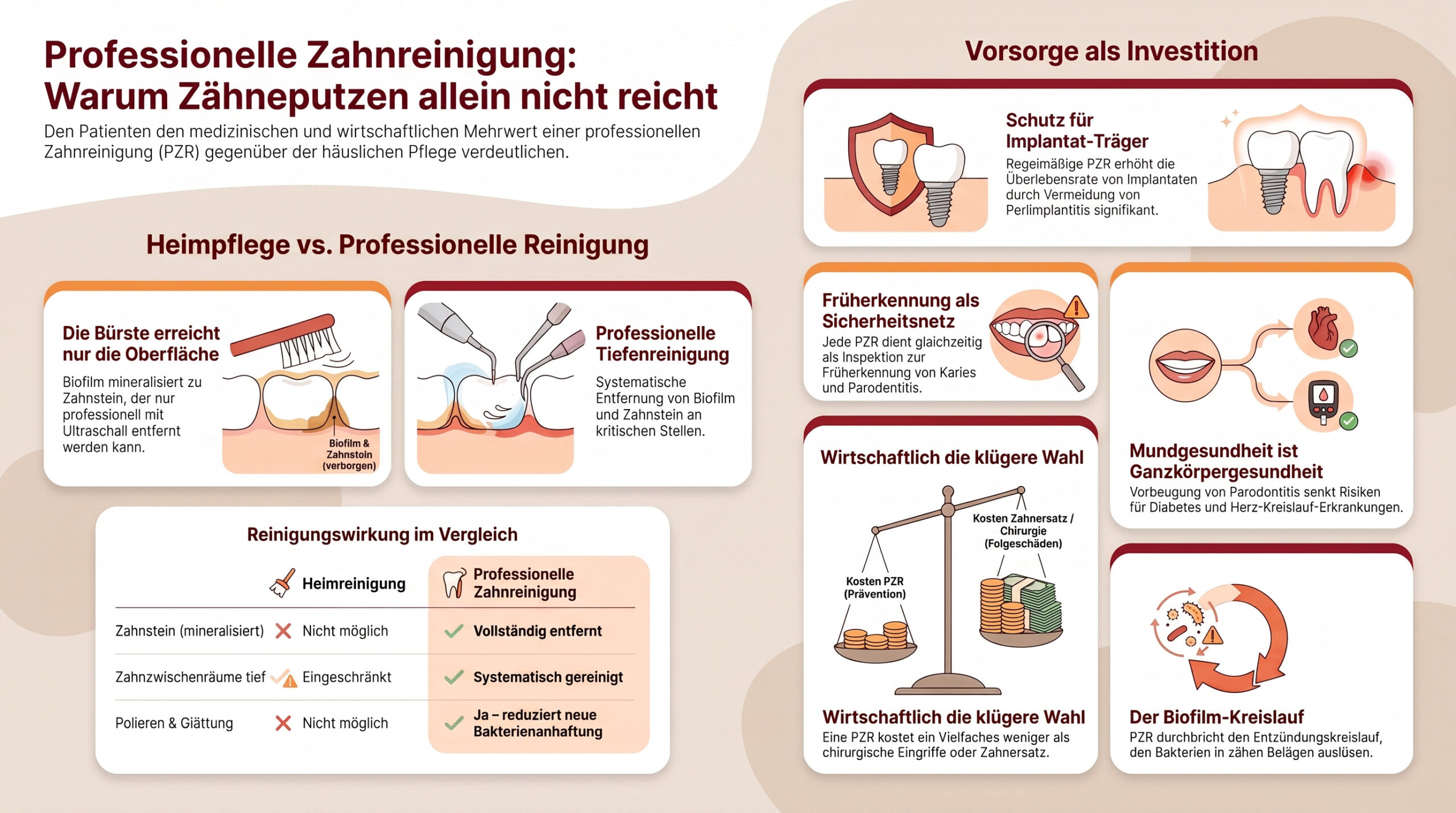 Die Infografik vergleicht die häusliche Zahnpflege mit der professionellen Zahnreinigung und zeigt die Vorteile der Prophylaxe, wirtschaftliche Aspekte, den Zahnerhalt durch Implantate sowie den Kreislauf der Biofilmbildung und deren professionelle Entfernung auf.