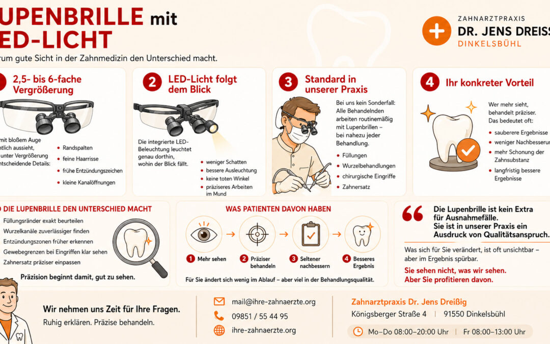 Infografik auf Deutsch über Zahnarztlupen mit LED-Beleuchtung, die die Vorteile, die Vorzüge für Patienten, eine Abbildung eines Zahnarztes sowie die Kontaktdaten der Praxis zeigt. Enthält Bilder von Lupen, einem Zahn und einem Zahnarzt mit Maske.