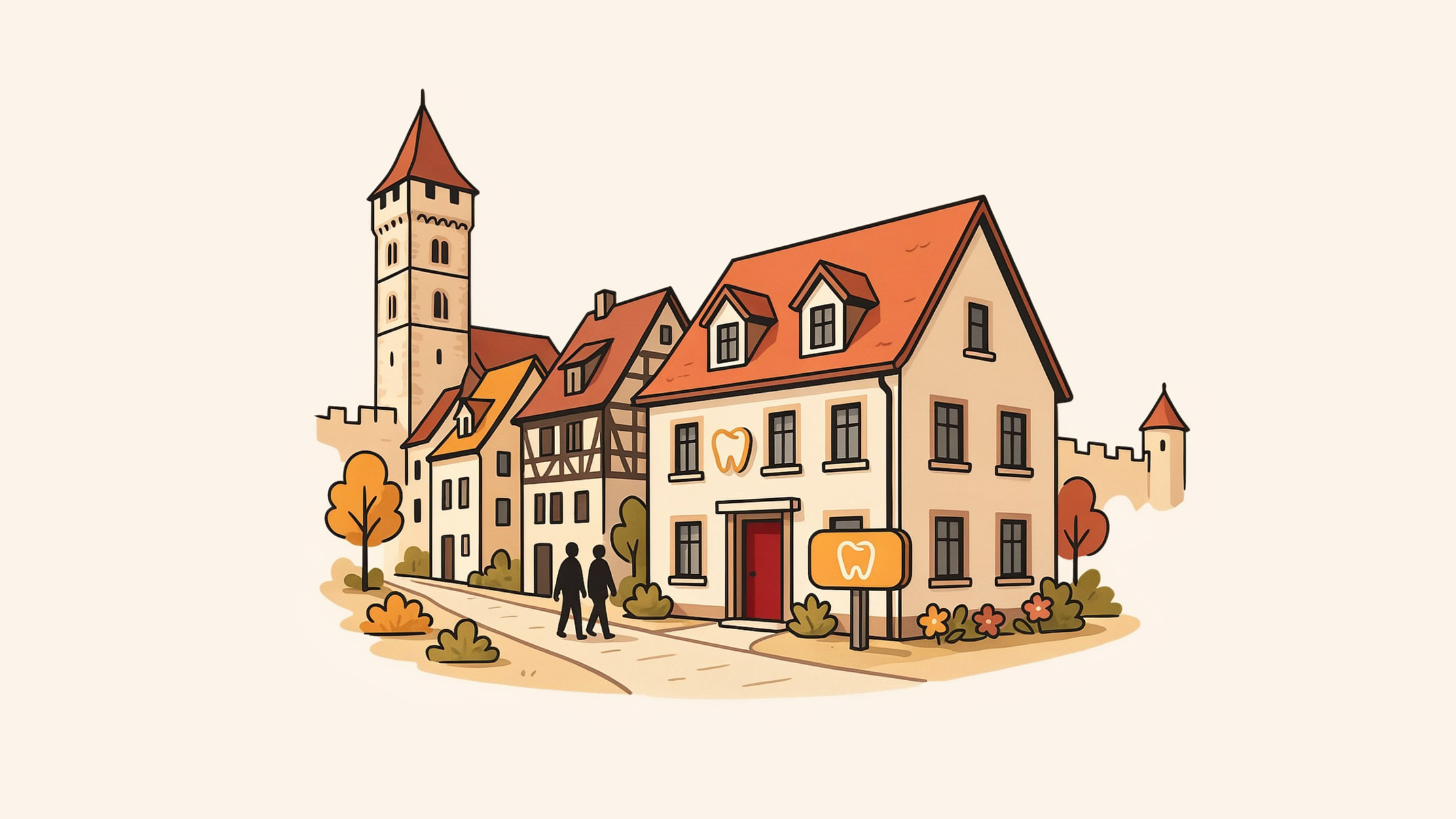 Eine Stadt im Cartoon-Stil mit mittelalterlichen Gebäuden, einem Kirchturm und herbstlichen Bäumen. Zwei Personen gehen an einem Haus vorbei, an dem ein Schild mit der Aufschrift „Zahnarztpraxis“ hängt. Warme, sanfte Farben prägen diese gemütliche Szene.